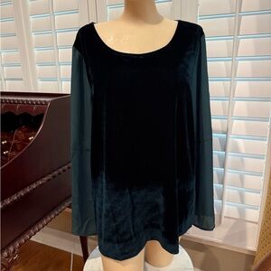 Boho Hunter Green velvet and chiffon top size L bell sleeves